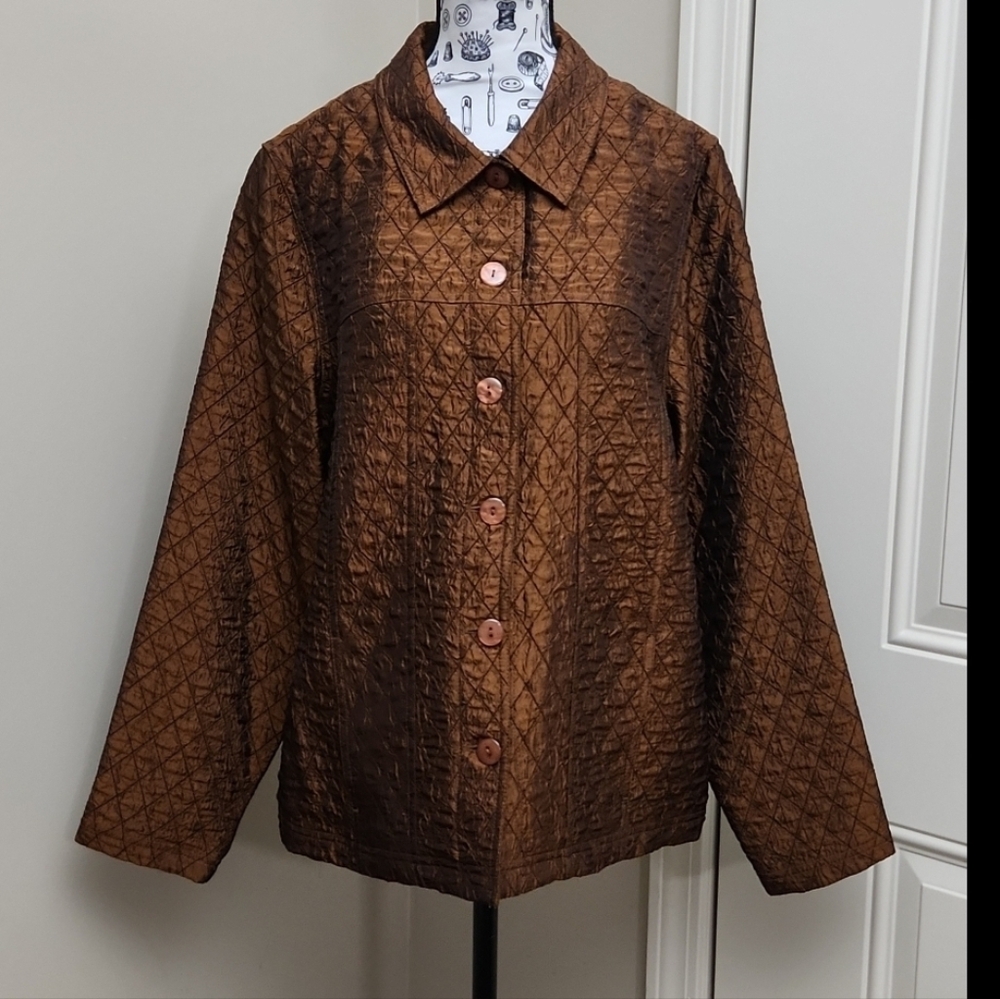 ❤️ Gorgeous Copper-Brown Crinkled Textured Lightweight Button Up Jacket Medium